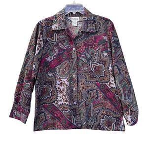 Vintage BonWorth Parsley Navy Green Burgundy Button Up Shirt Women Size Medium